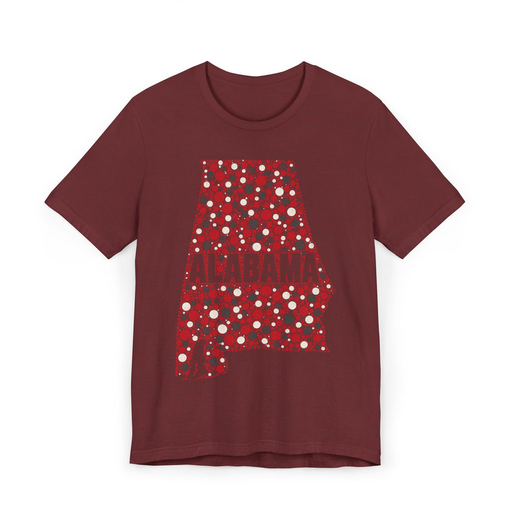 Brown Alabama graphic T-shirt with red dotted state outline and “ALABAMA” text