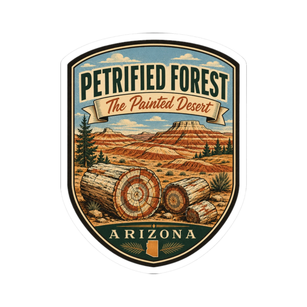 Petrified Forest travel sticker featuring shield badge with desert hills, trees, and Arizona