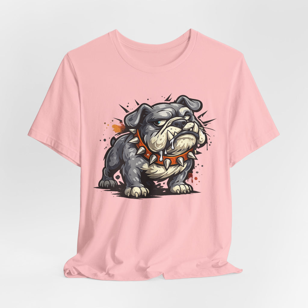 Light pink unisex t-shirt with centered fierce cartoon bulldog graphic