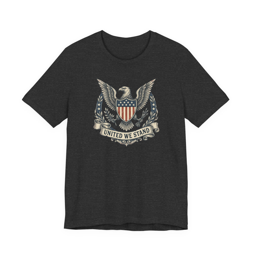 Dark gray T-shirt with eagle shield crest graphic and "United We Stand" text