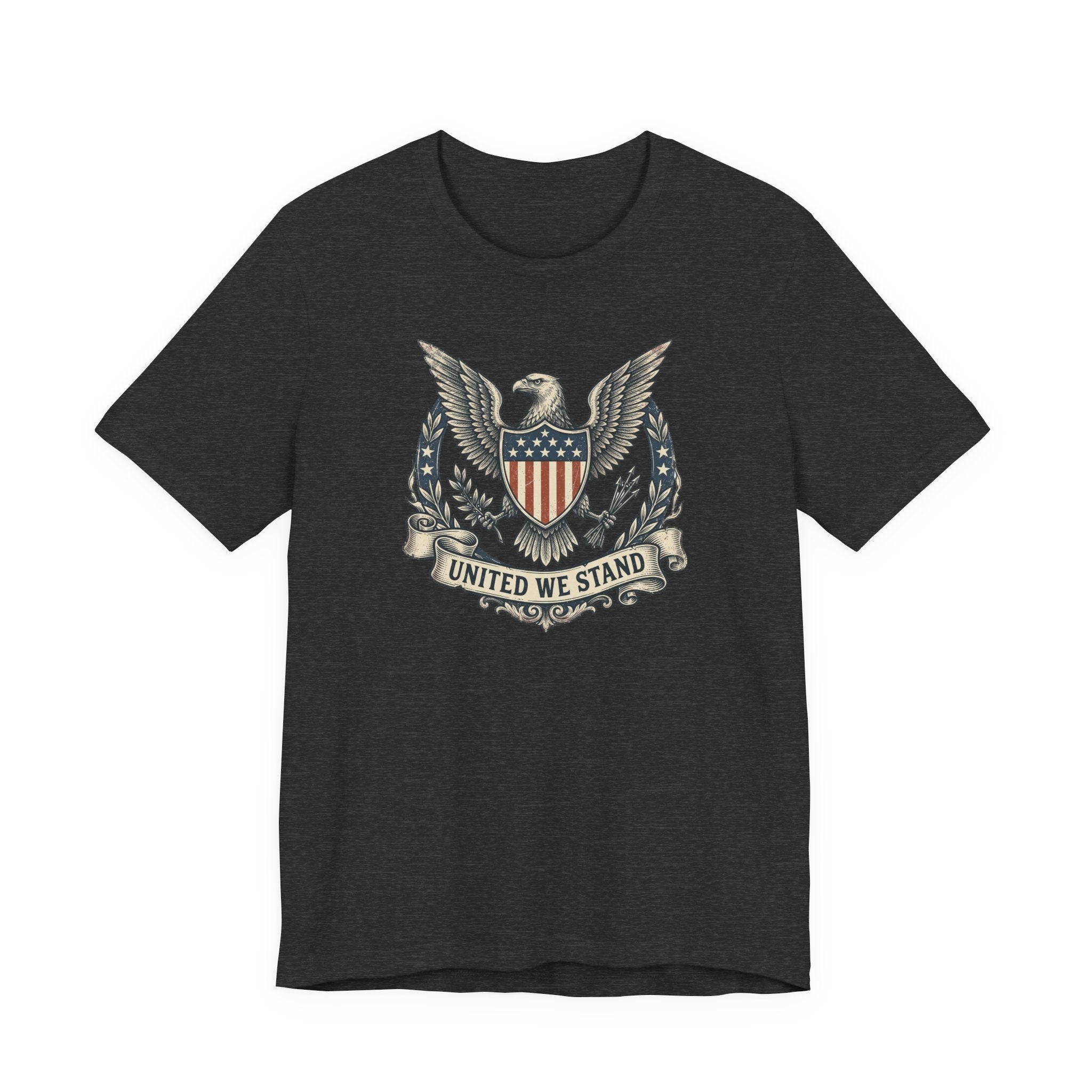 Dark gray T-shirt with eagle shield crest graphic and "United We Stand" text