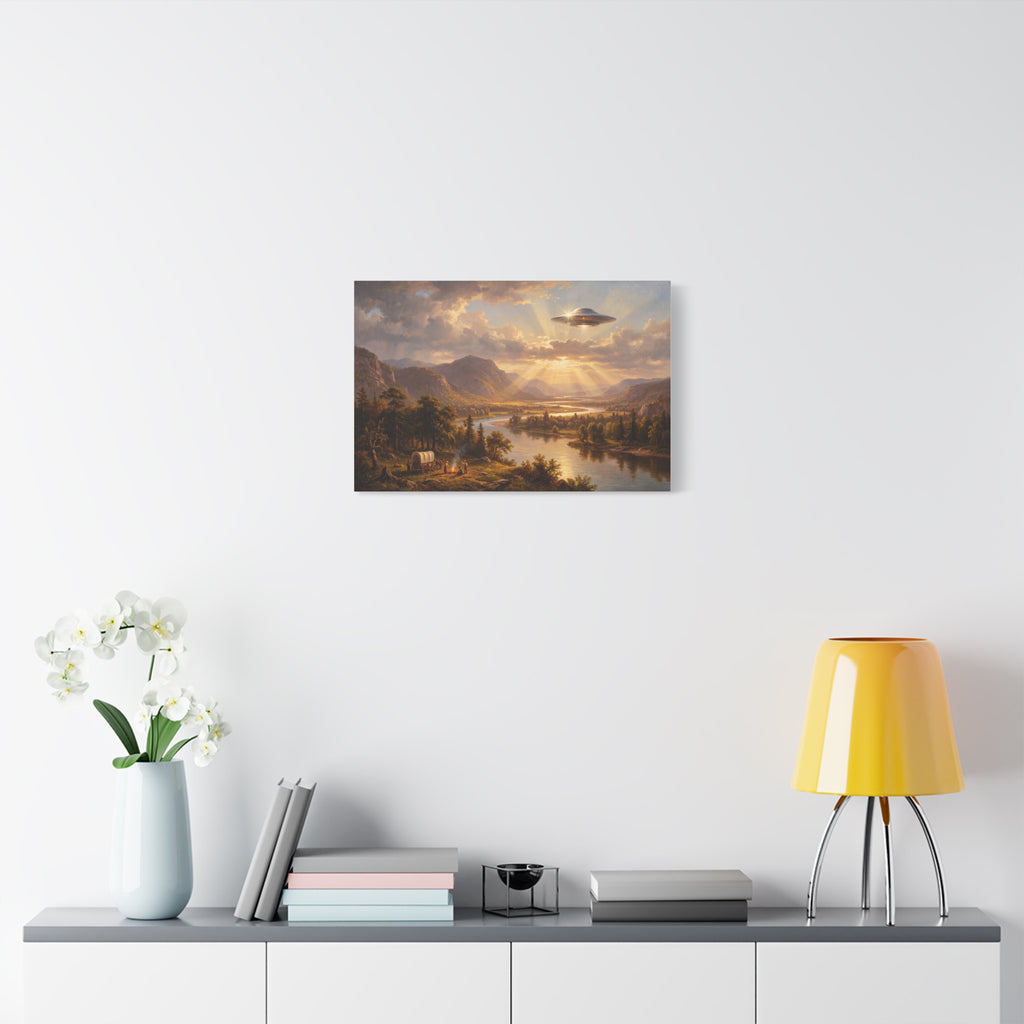 Rectangular canvas wall art showing a pastoral river and golden sunset landscape.