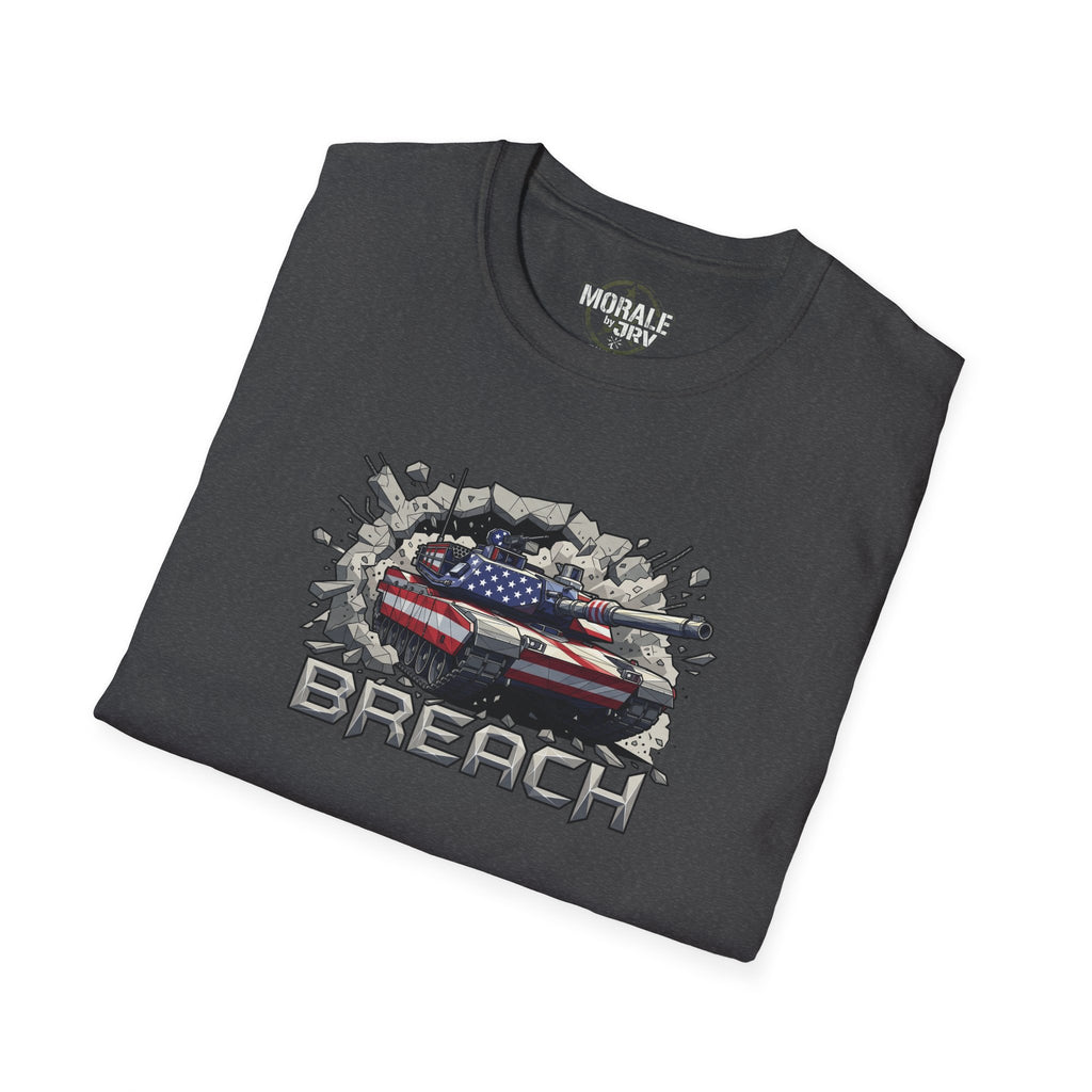 Dark gray tank breach T-shirt with American flag graphic and “BREACH” text