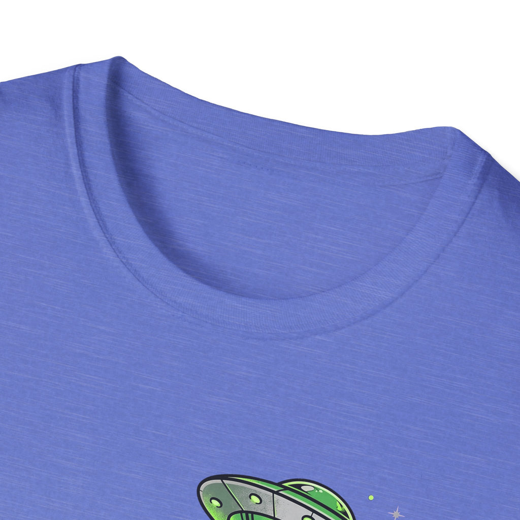 Light purple T-shirt neckline and partial green UFO tractor beam graphic