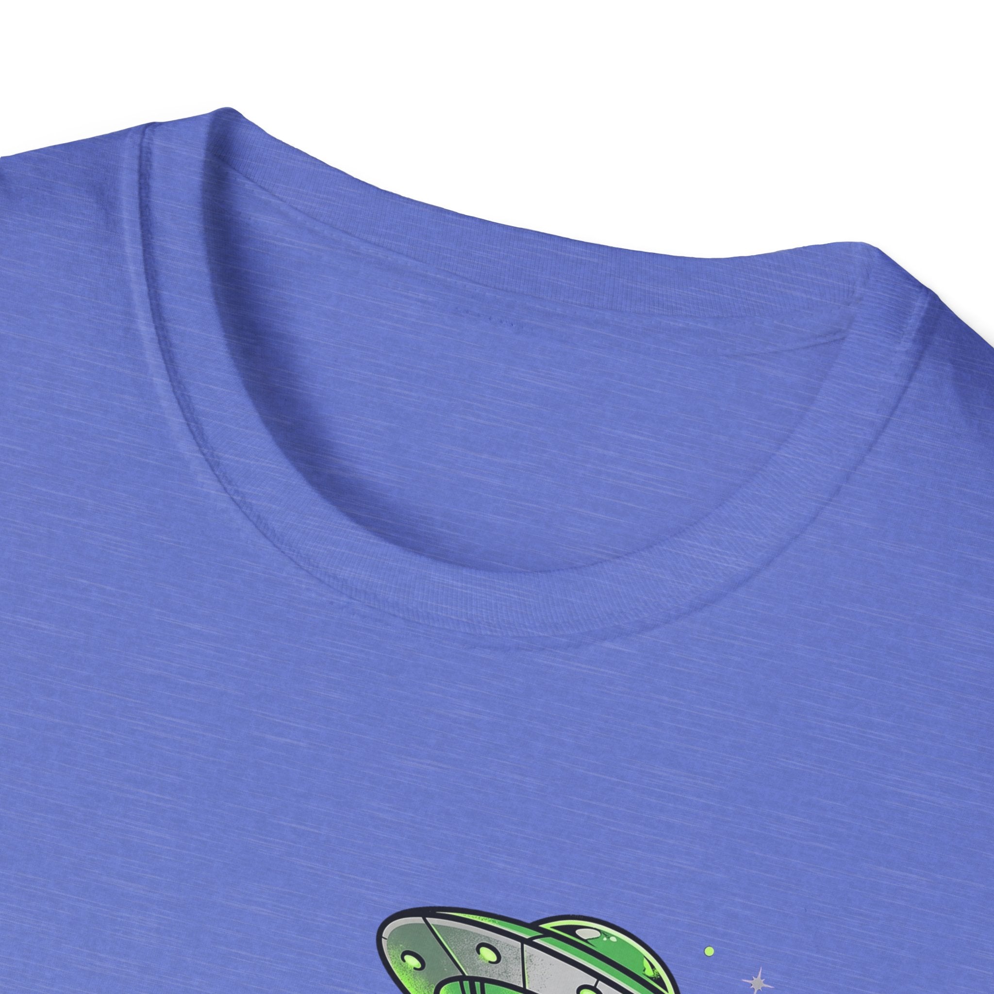 Light purple T-shirt neckline and partial green UFO tractor beam graphic