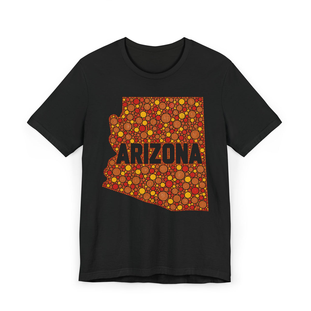 Dark charcoal short-sleeve T-shirt with orange Arizona patterned graphic