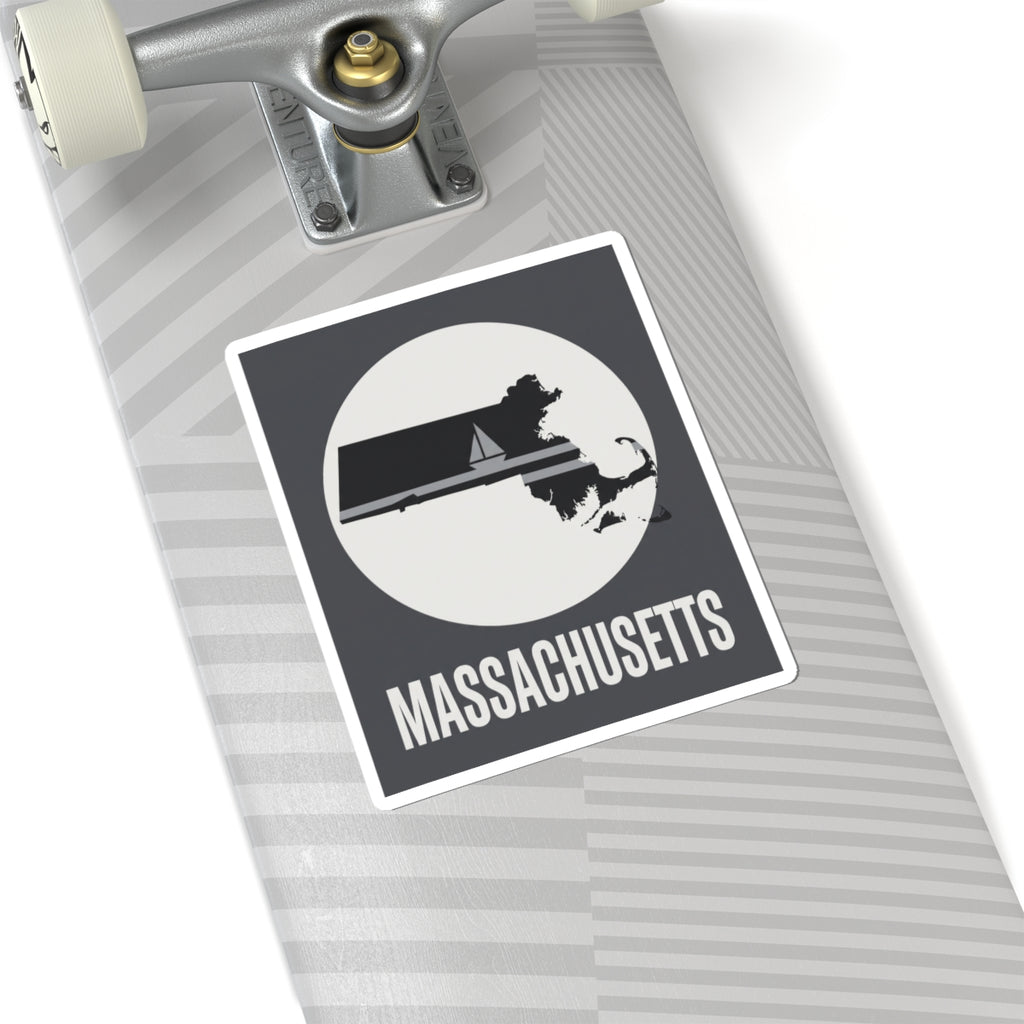 Square Massachusetts sailboat silhouette sticker with “MASSACHUSETTS” text, on notebook