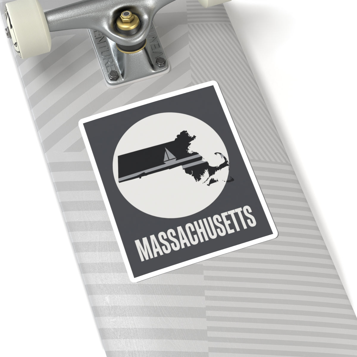 Square Massachusetts sailboat silhouette sticker with “MASSACHUSETTS” text, on notebook