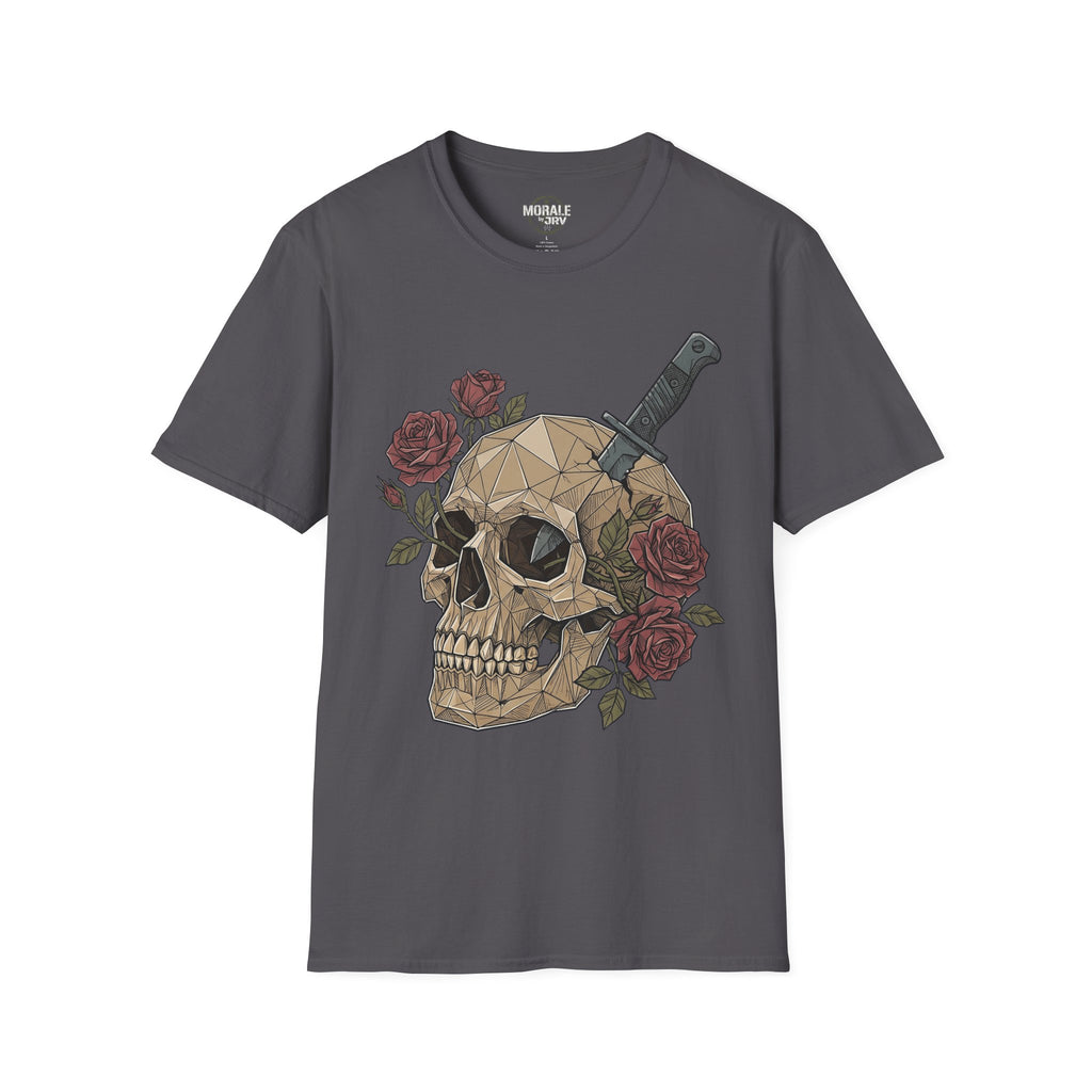 Dark heather gray graphic T-shirt with geometric skull, dagger and roses print