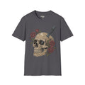 Dark heather gray graphic T-shirt with geometric skull, dagger and roses print