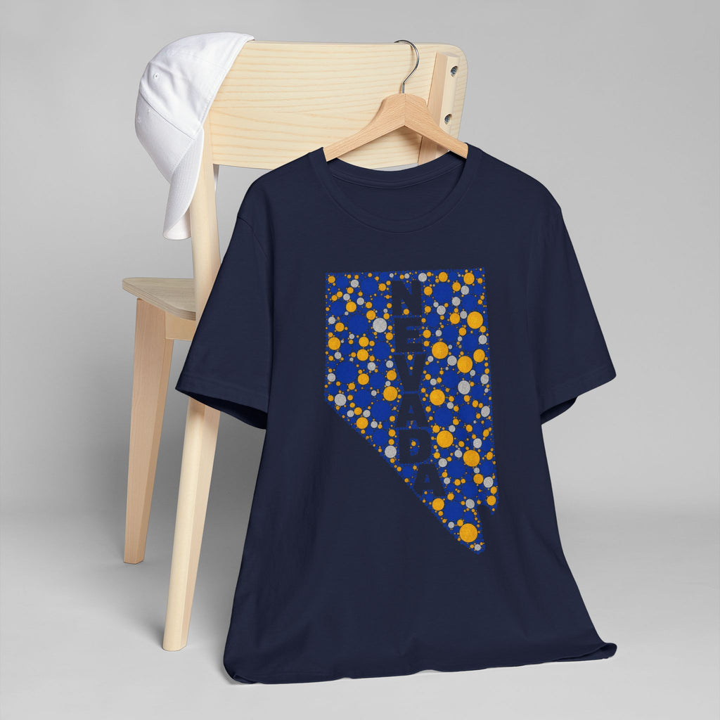 Navy crewneck t-shirt with blue and gold speckled Nevada map graphic