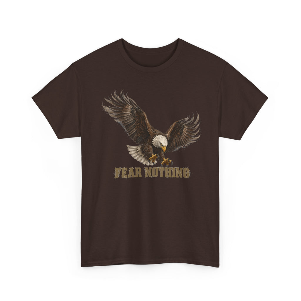 Dark chocolate crewneck T-shirt with eagle graphic and “FEAR NOTHING”