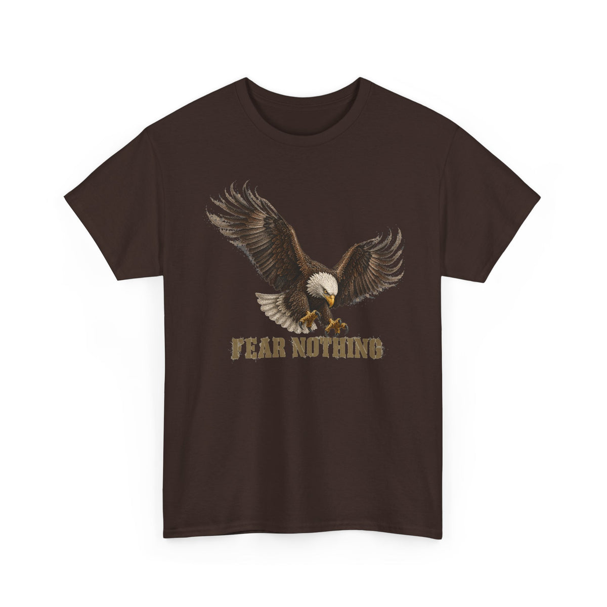 Dark chocolate crewneck T-shirt with eagle graphic and “FEAR NOTHING”