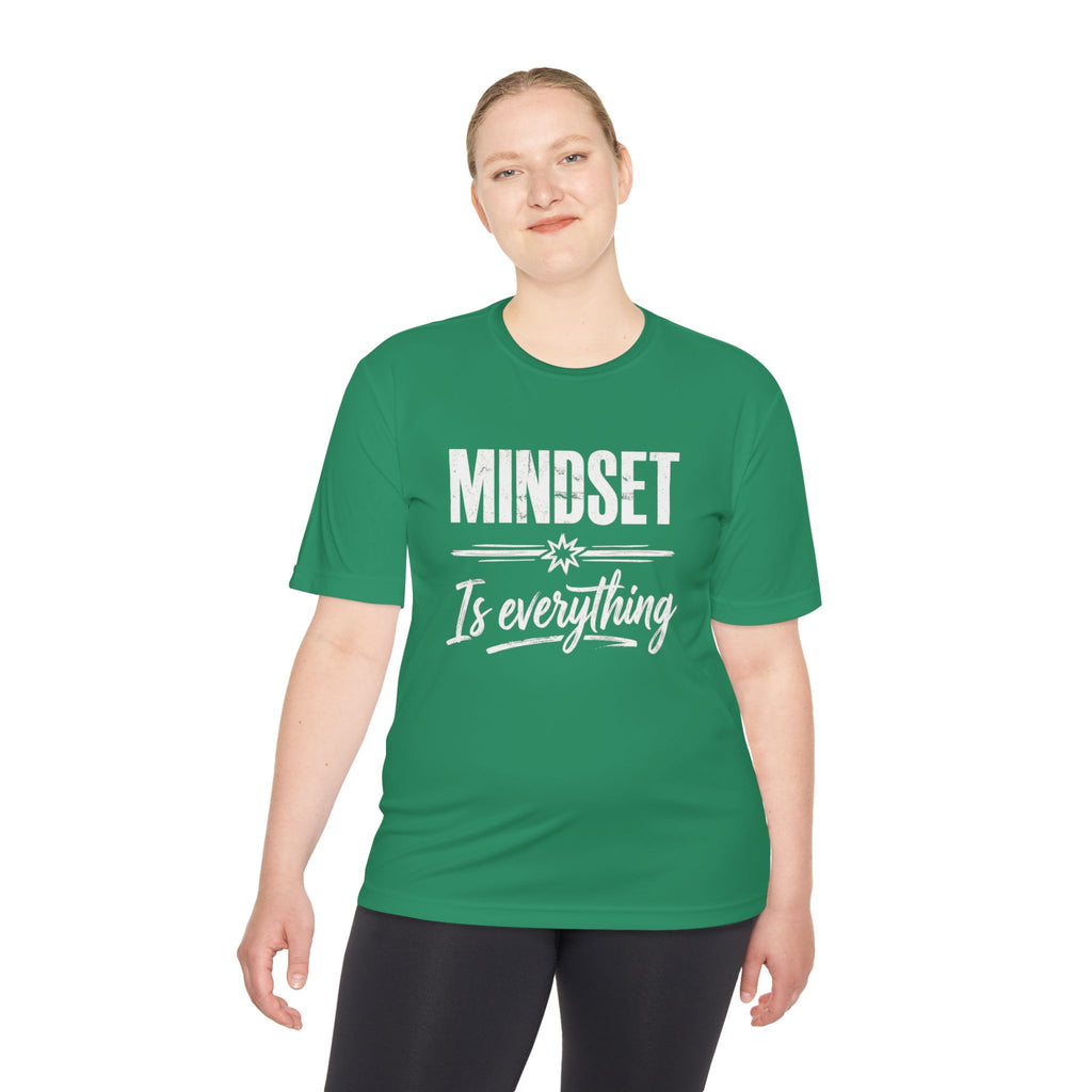 Kelly green T-shirt with “MINDSET” and “Is everything” typography print on front