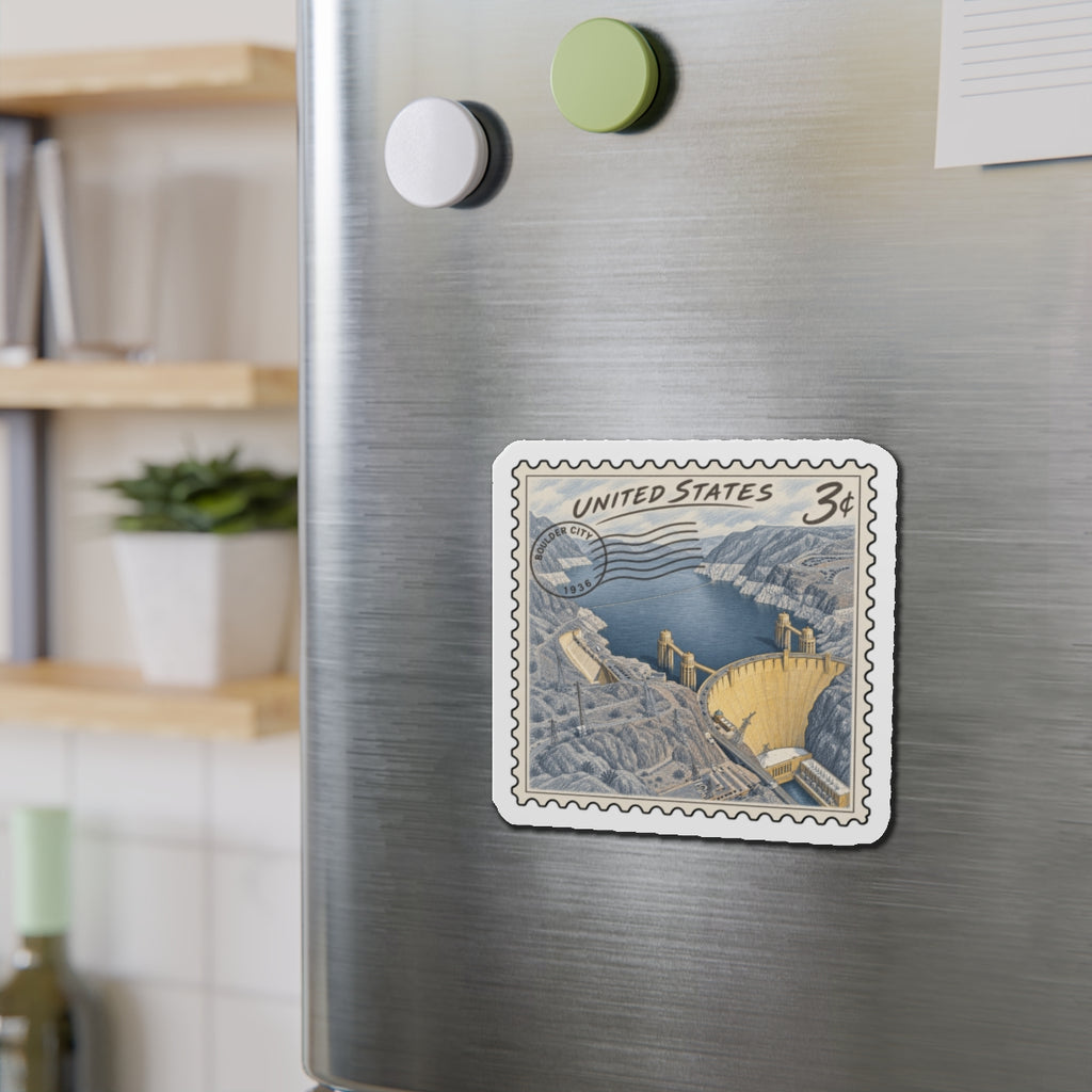 Die-cut magnet on brushed metal refrigerator, vintage U.S. stamp with Hoover Dam in blue and yellow