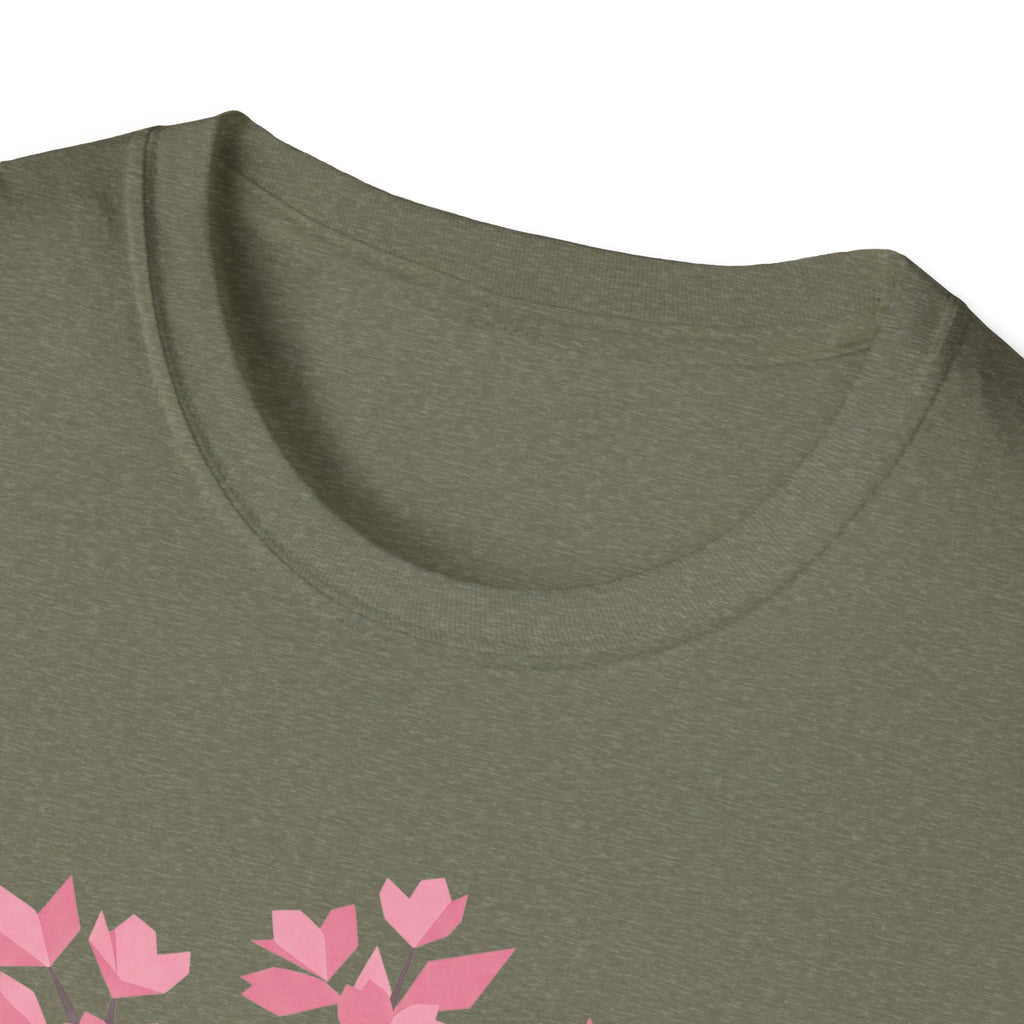 Olive green T-shirt neckline with partial pink cherry blossom graphic below.