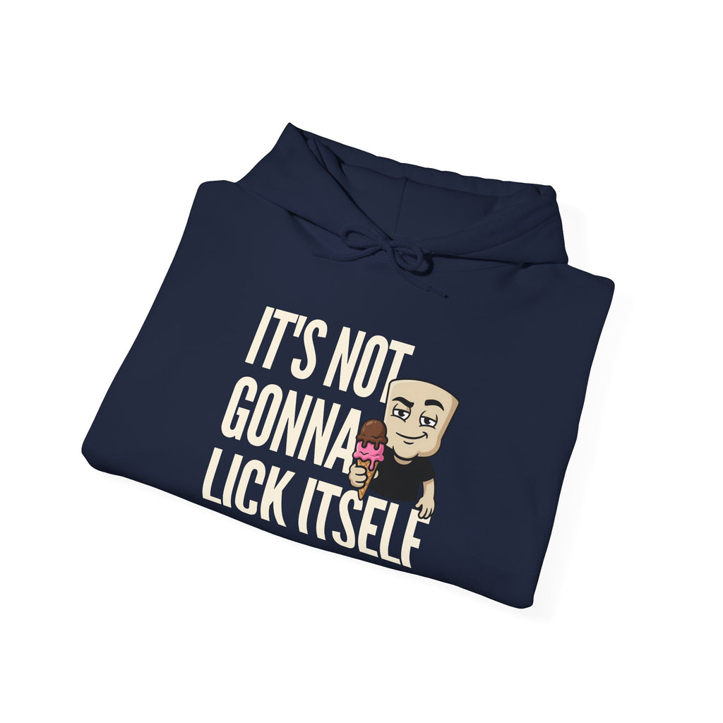 Navy hoodie with graphic text "IT'S NOT GONNA LICK ITSELF" and cartoon characters.