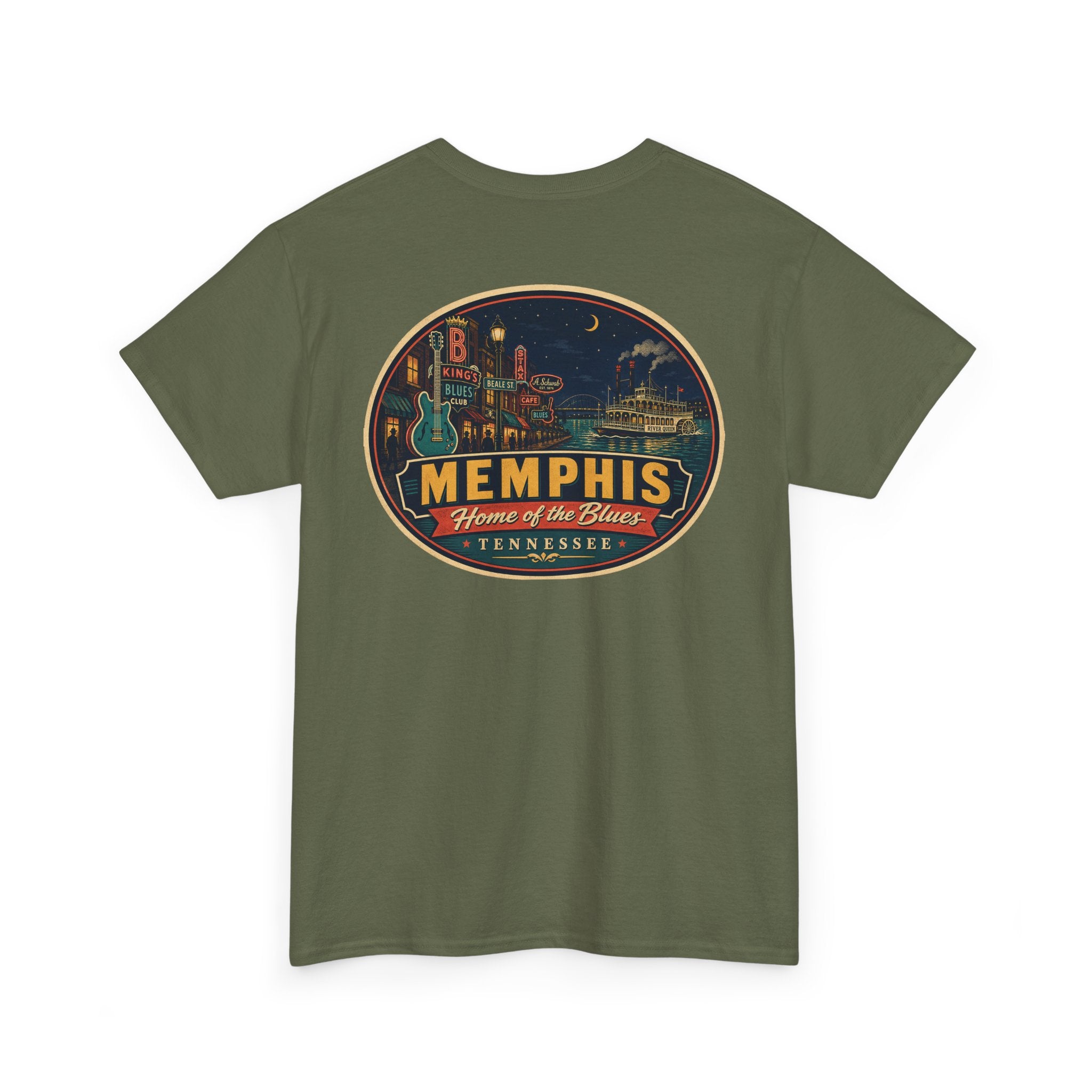Olive green crewneck T-shirt with Memphis luggage-tag skyline graphic logo
