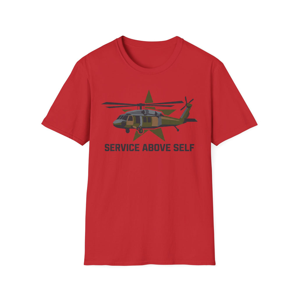 Red crewneck t-shirt with camo helicopter graphic and 'Service Above Self' text