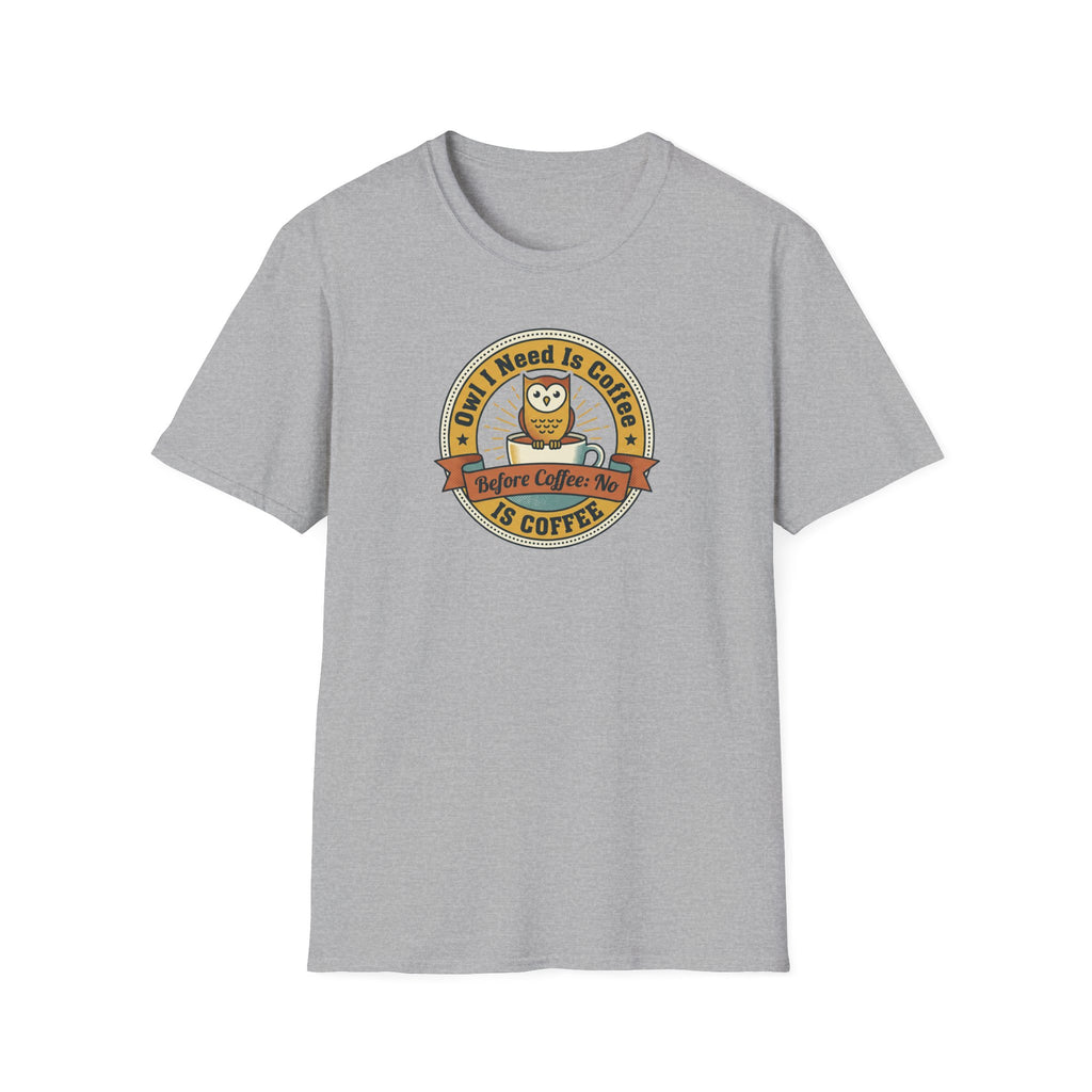 Light gray crew-neck T-shirt with circular coffee owl badge graphic on the front.