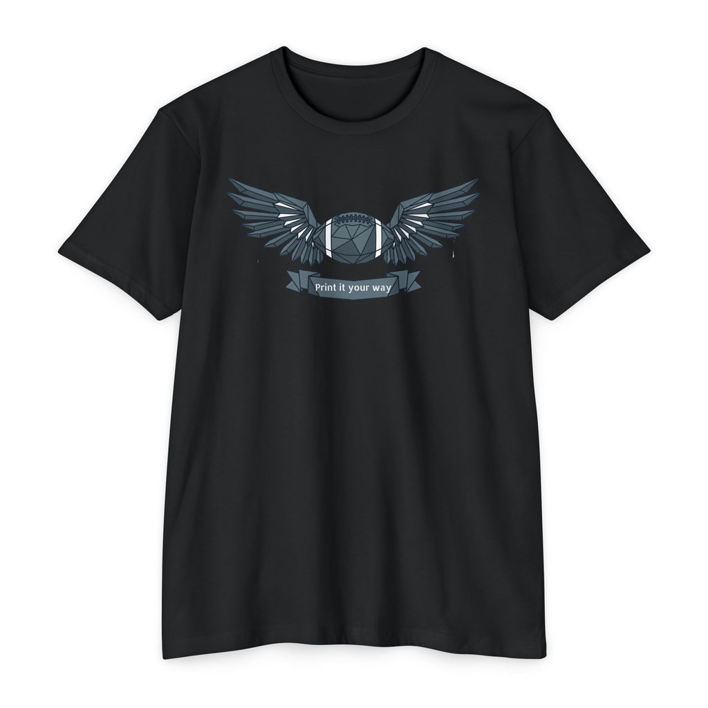 Black crewneck T-shirt with winged camera emblem graphic on the chest