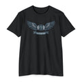 Black crewneck T-shirt with winged camera emblem graphic on the chest