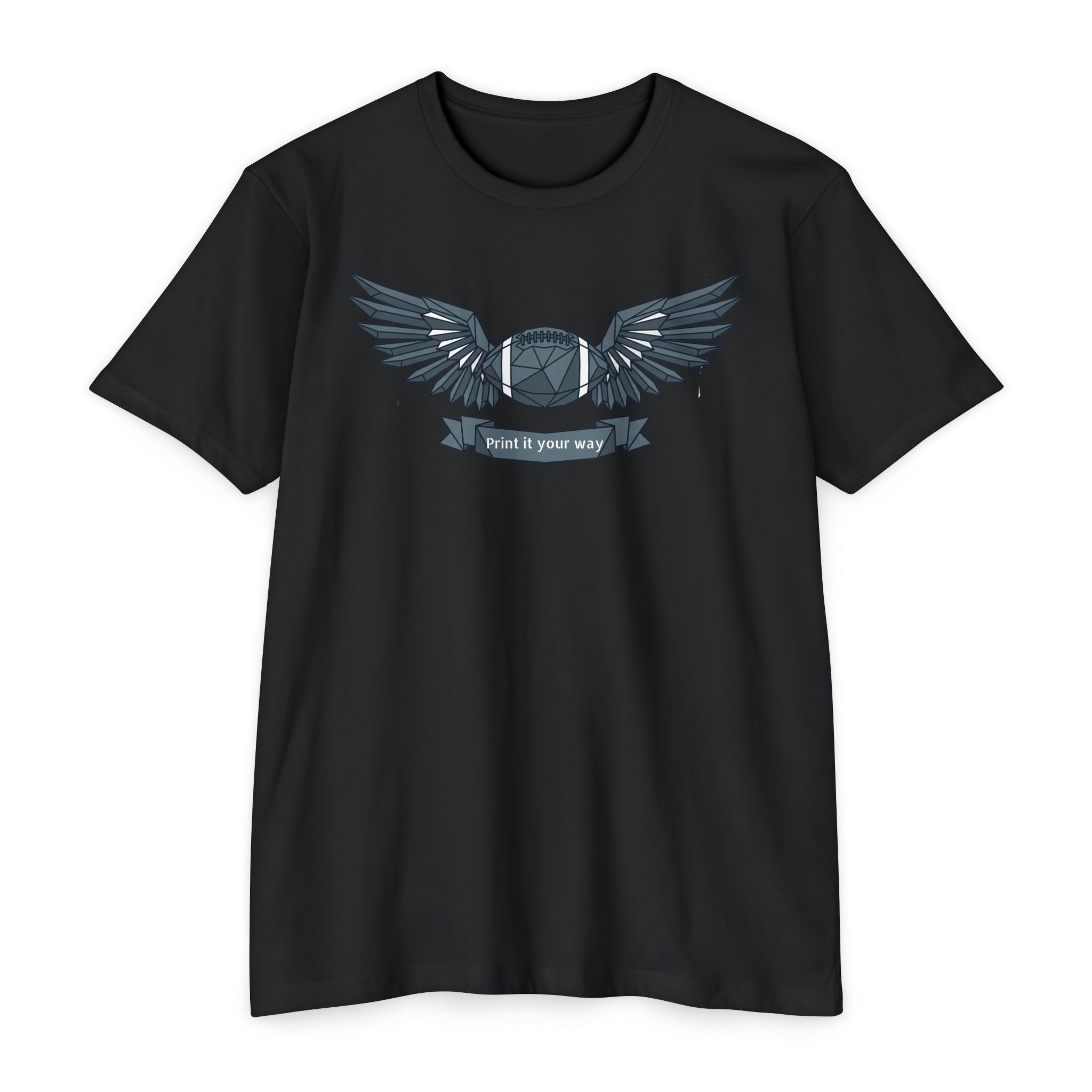 Black crewneck T-shirt with winged camera emblem graphic on the chest