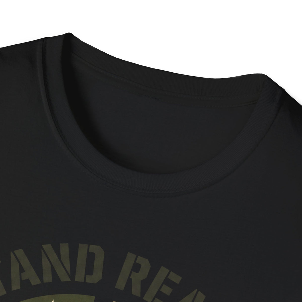 Black crew-neck T-shirt with olive “STAND” lettering visible at the chest
