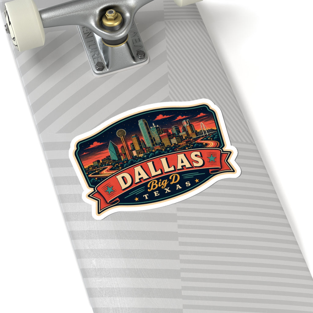Dallas luggage tag sticker on travel suitcase, skyline banner with Big D Texas text