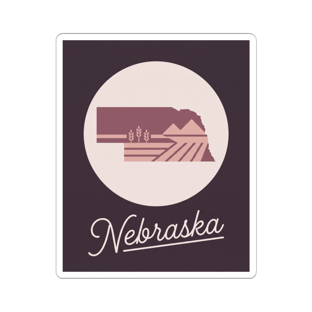 Square Nebraska sticker with circular farmland scene and script, dark purple background