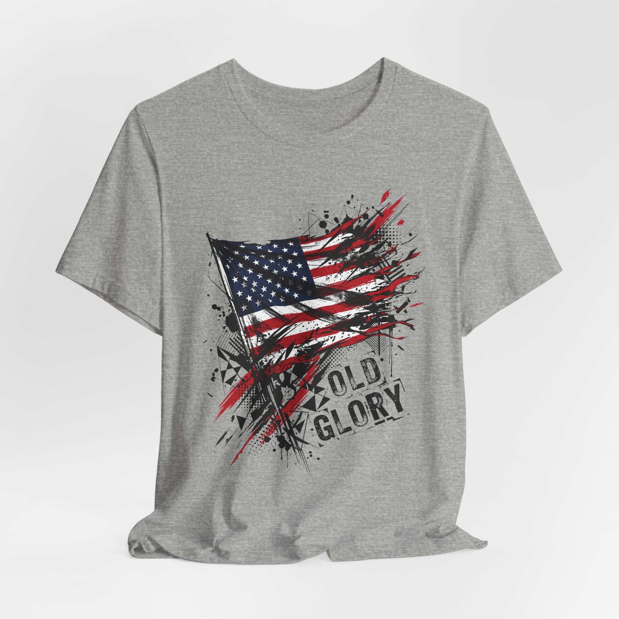 Dark grey crew-neck T-shirt with distressed American flag and Old Glory text graphic