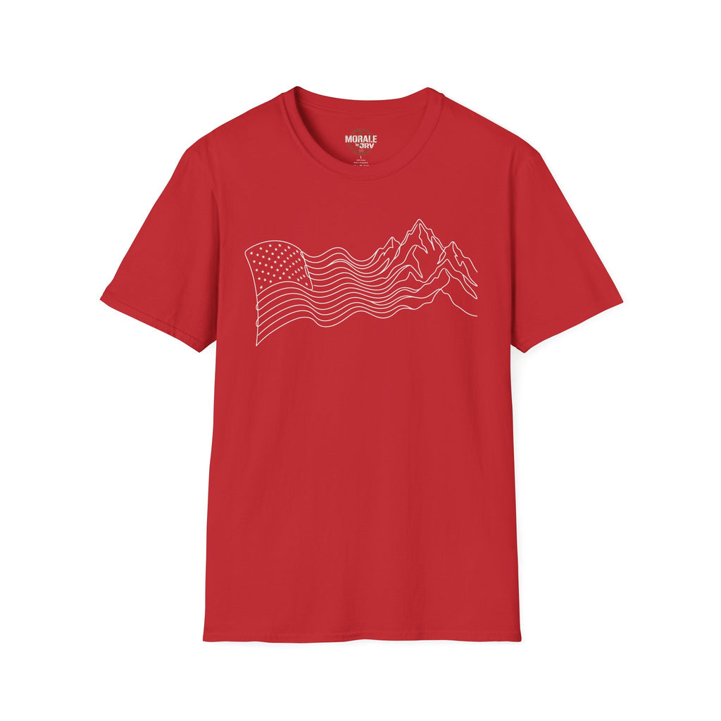 Red T-shirt with minimalist mountain wave line art on the front