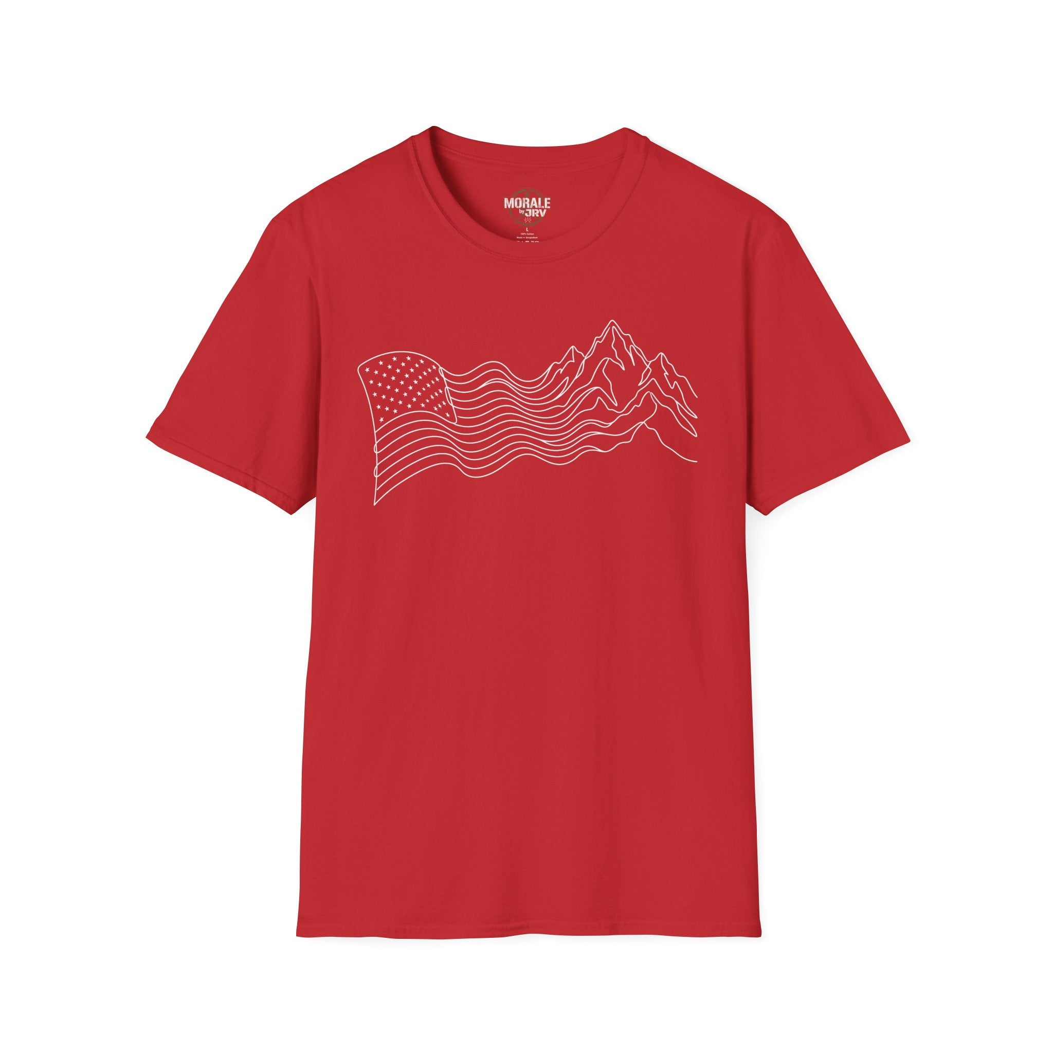 Red T-shirt with minimalist mountain wave line art on the front