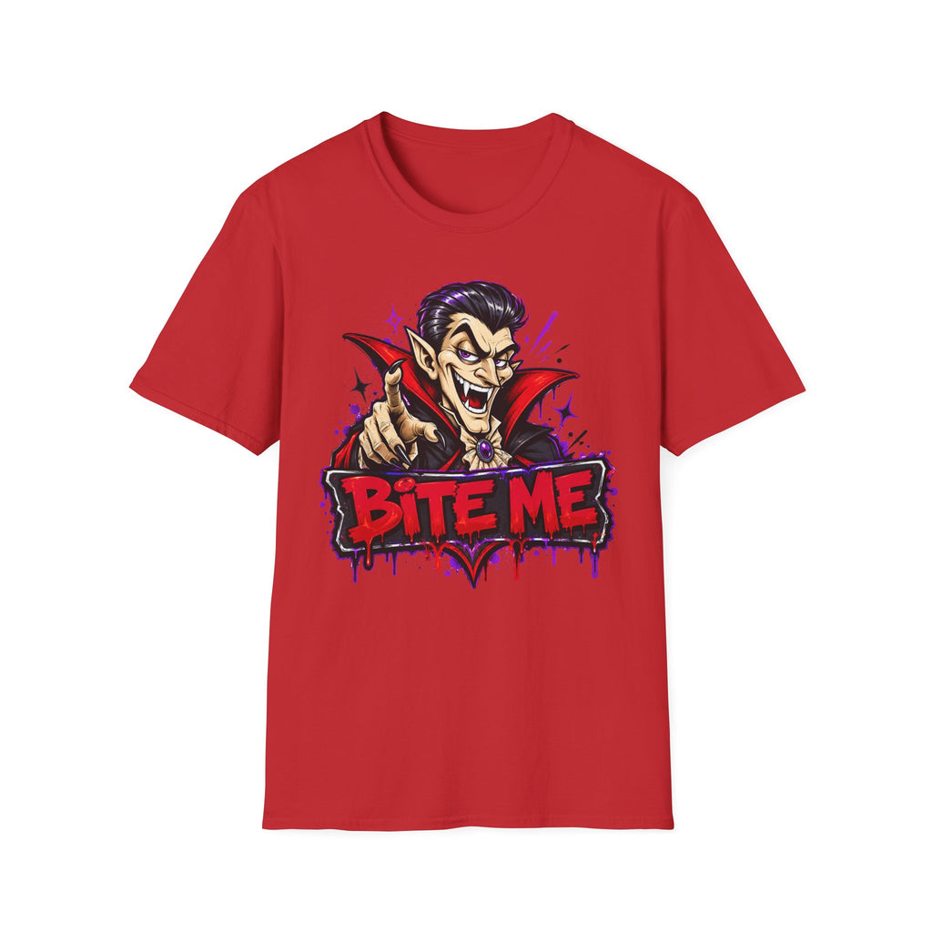 Red crew-neck T-shirt with colorful vampire 'Bite Me' print