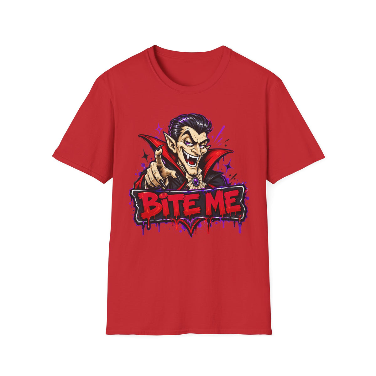 Red crew-neck T-shirt with colorful vampire 'Bite Me' print