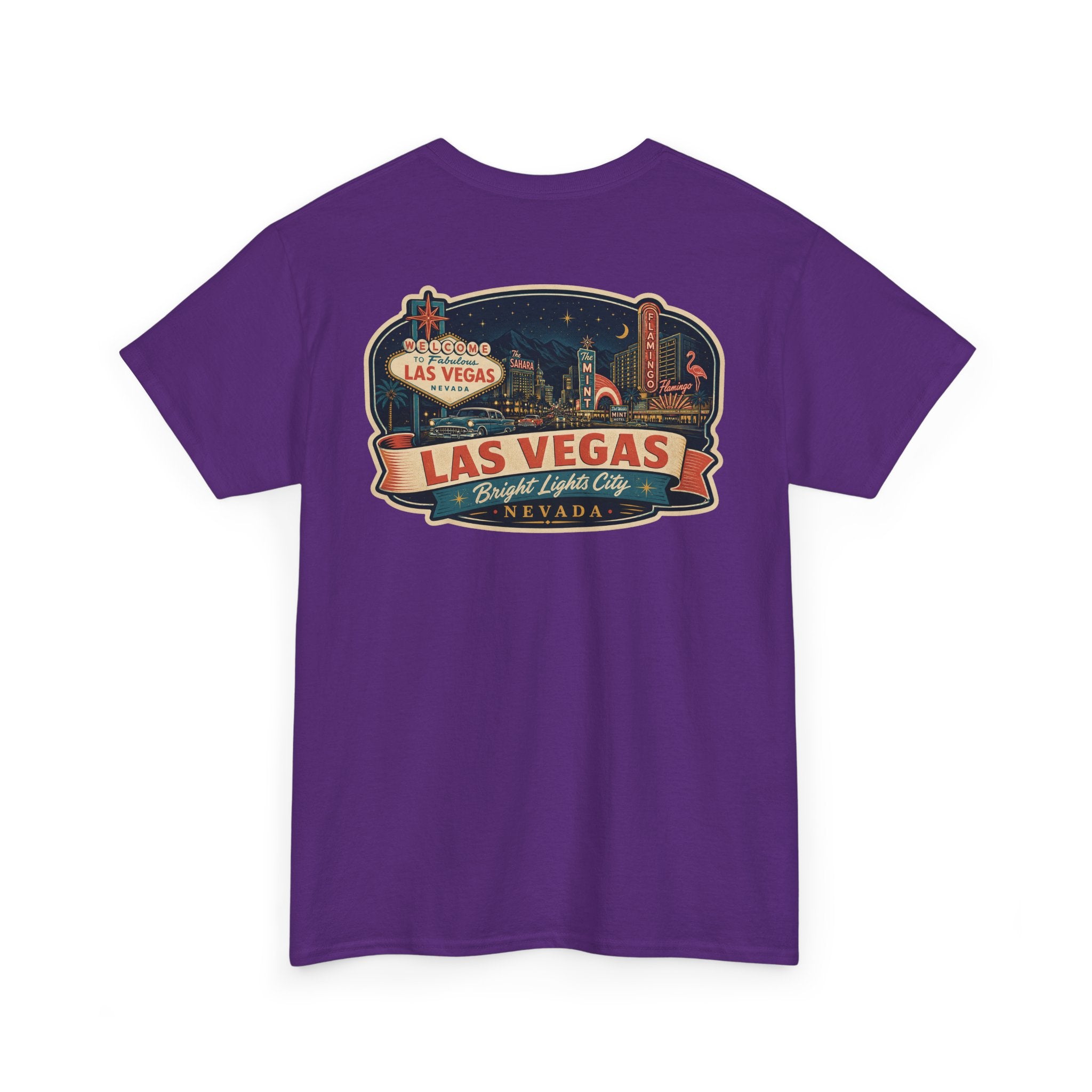 Purple T-shirt with Las Vegas luggage tag skyline badge graphic on the chest