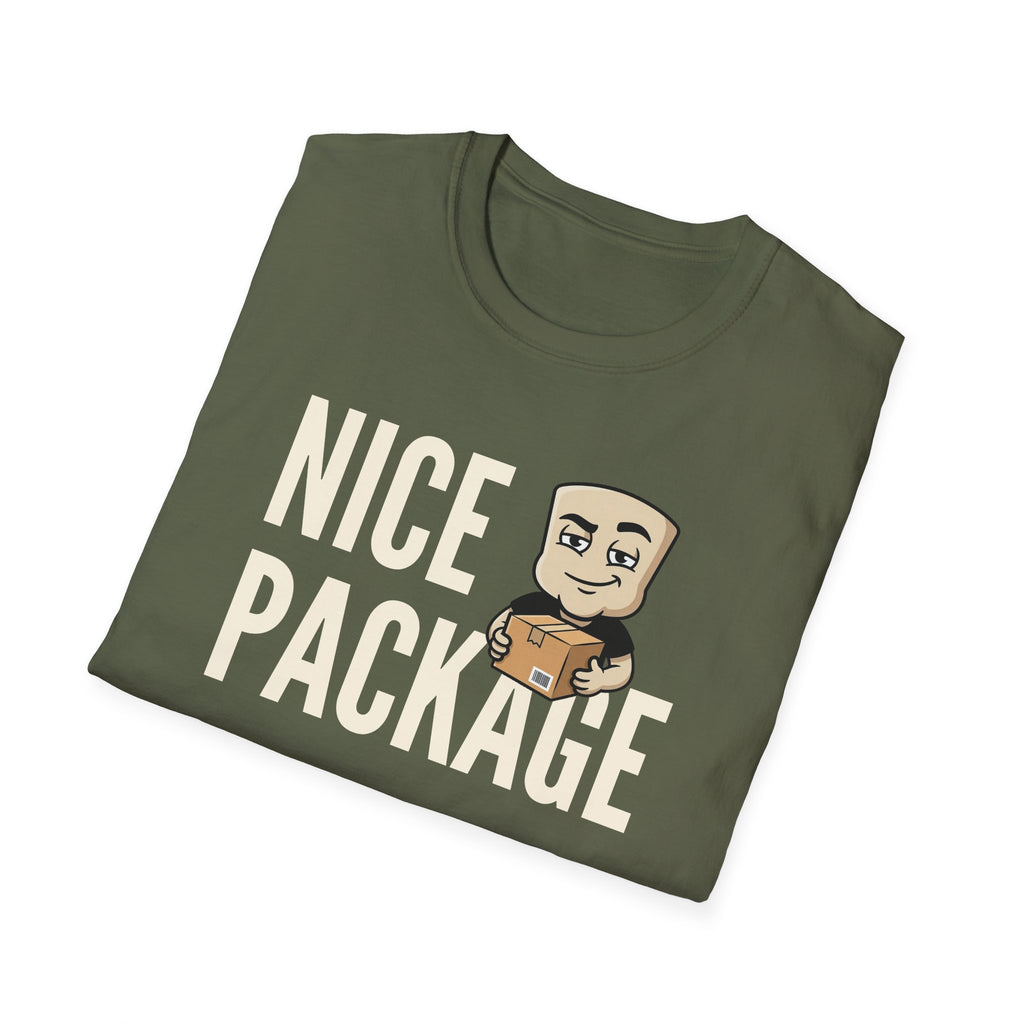 Olive green T-shirt with 'NICE PACKAGE' text and cartoon delivery worker holding a box.