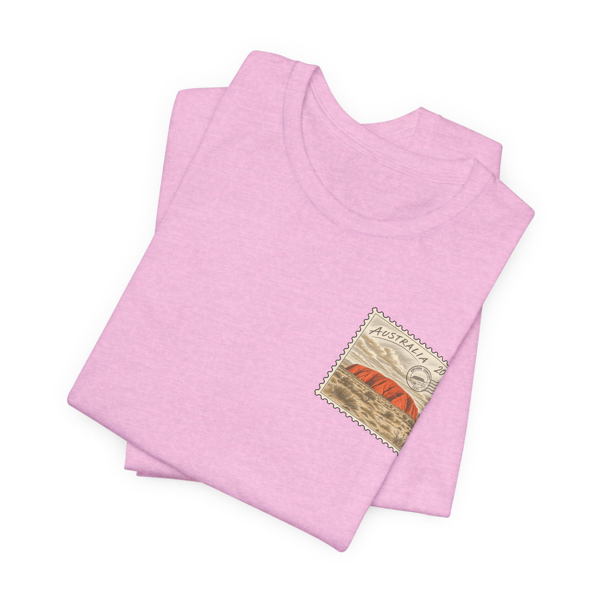 Pink heather travel T-shirt, folded, with small Australia postage-stamp graphic on chest