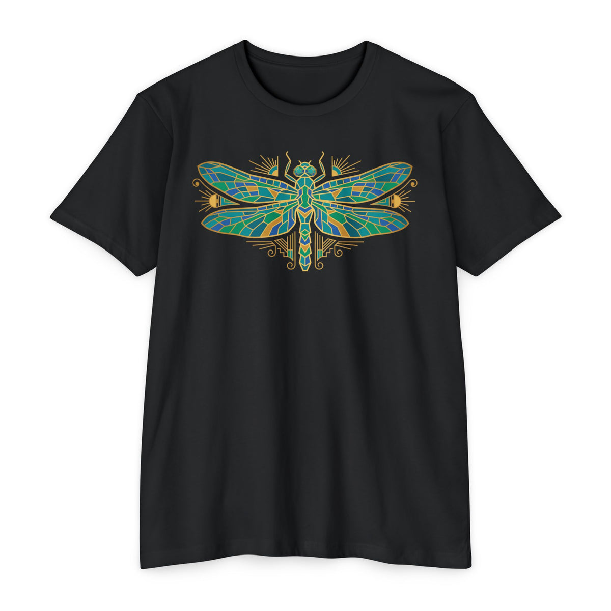 Black dragonfly graphic T-shirt with colorful mosaic insect design at center