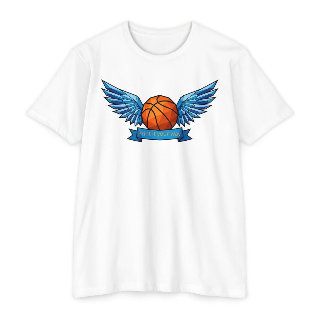White t-shirt with winged basketball graphic and small banner print at center.