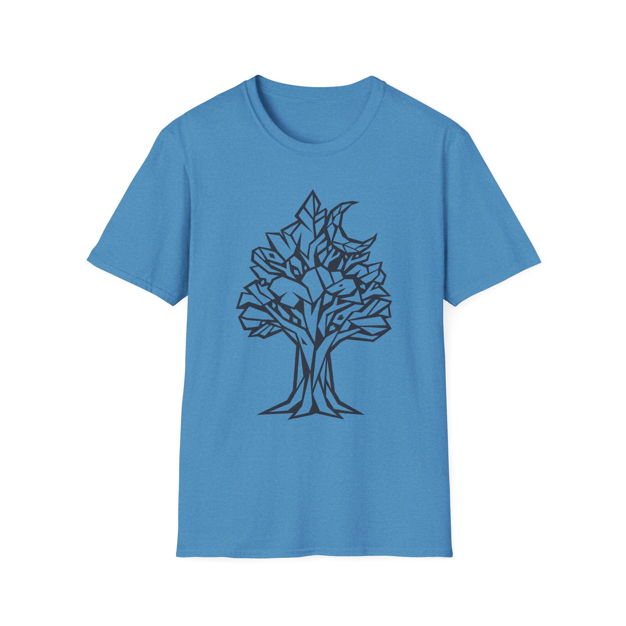 Blue T-shirt with geometric tree moon botanical line art graphic on chest