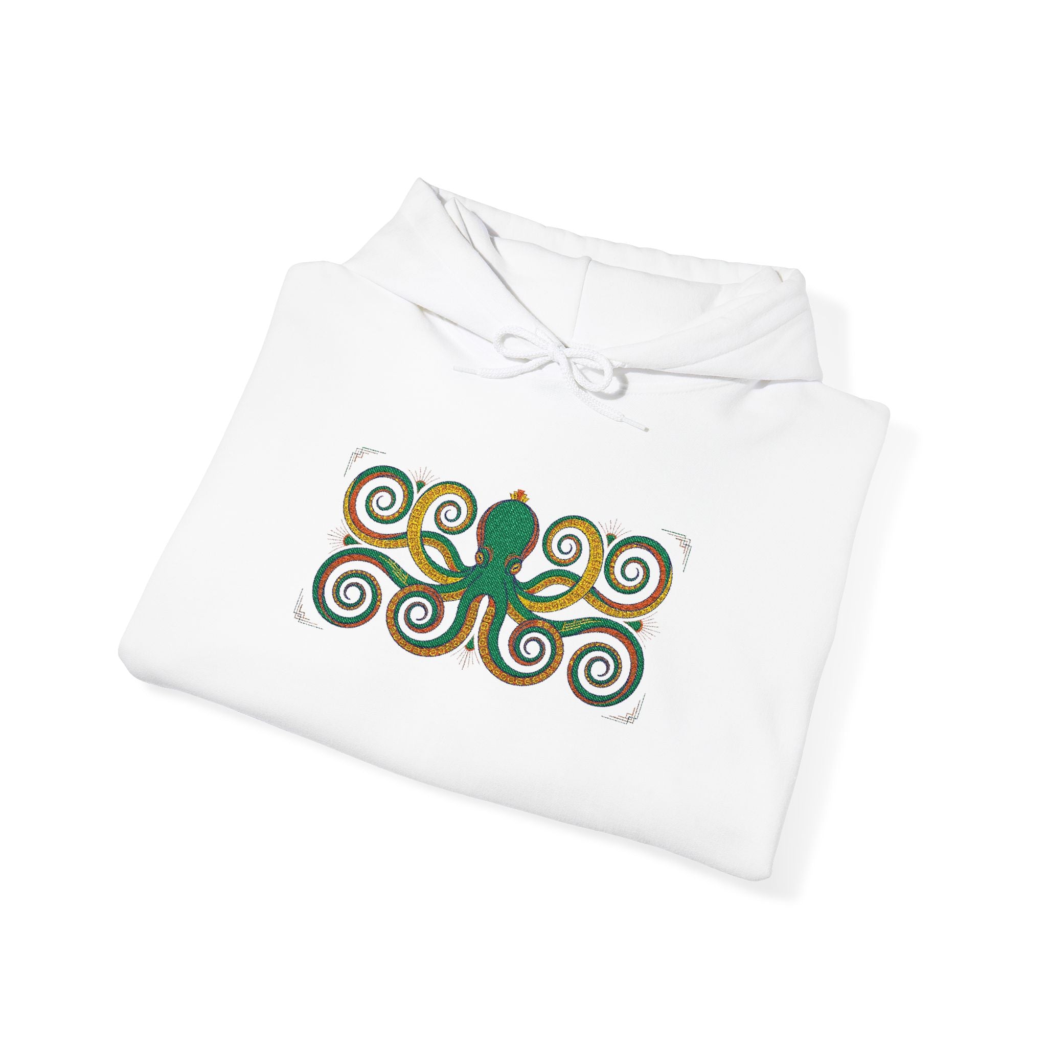 White octopus spiral art hoodie with multicolor swirl octopus graphic on front