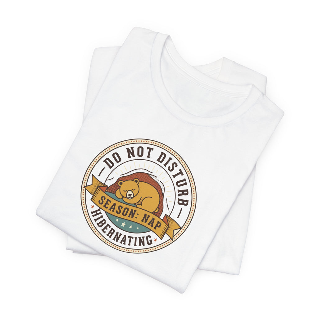 White T-shirt with circular sleeping bear graphic on front, stacked pair