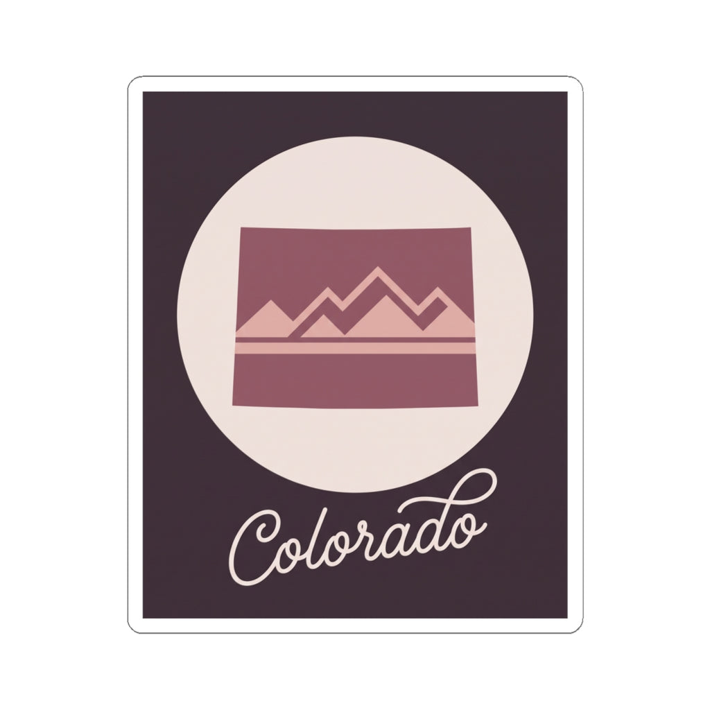 Colorado kiss-cut vinyl decal: mauve mountain/landscape icon above “Colorado” lettering