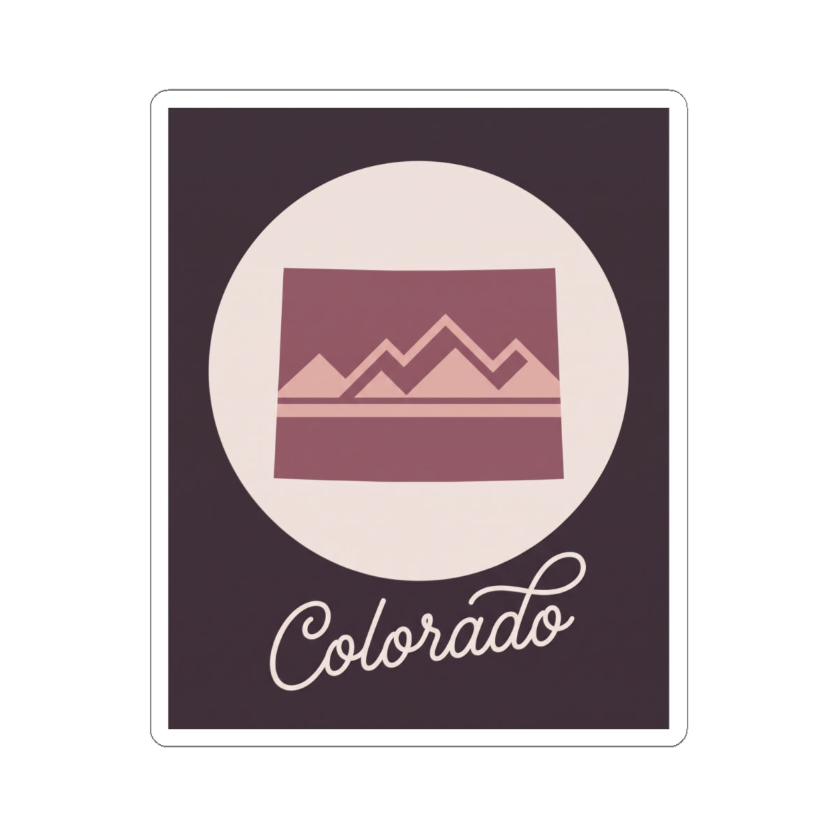 Colorado kiss-cut vinyl decal: mauve mountain/landscape icon above “Colorado” lettering