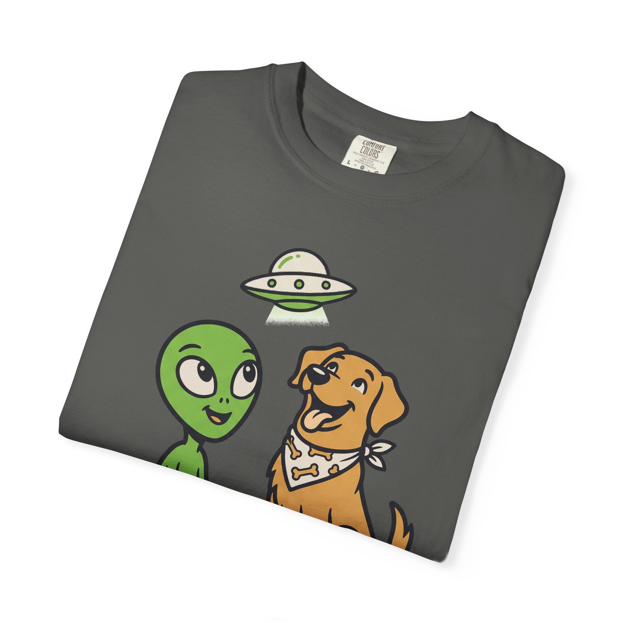 Charcoal crewneck T-shirt with alien face and brown dog cartoon graphic