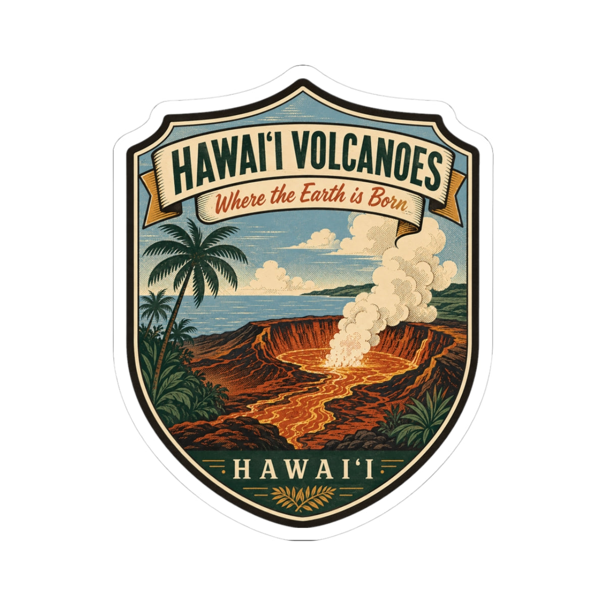White die-cut travel sticker with Hawai'i Volcanoes shield, lava flow and palm artwork
