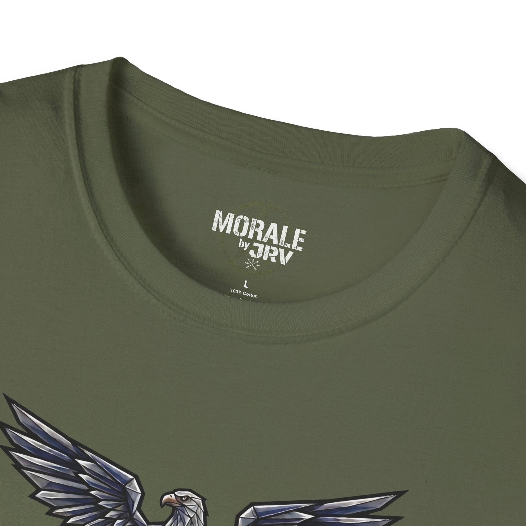 Military green T-shirt neckline label: “MORALE by TRJR”