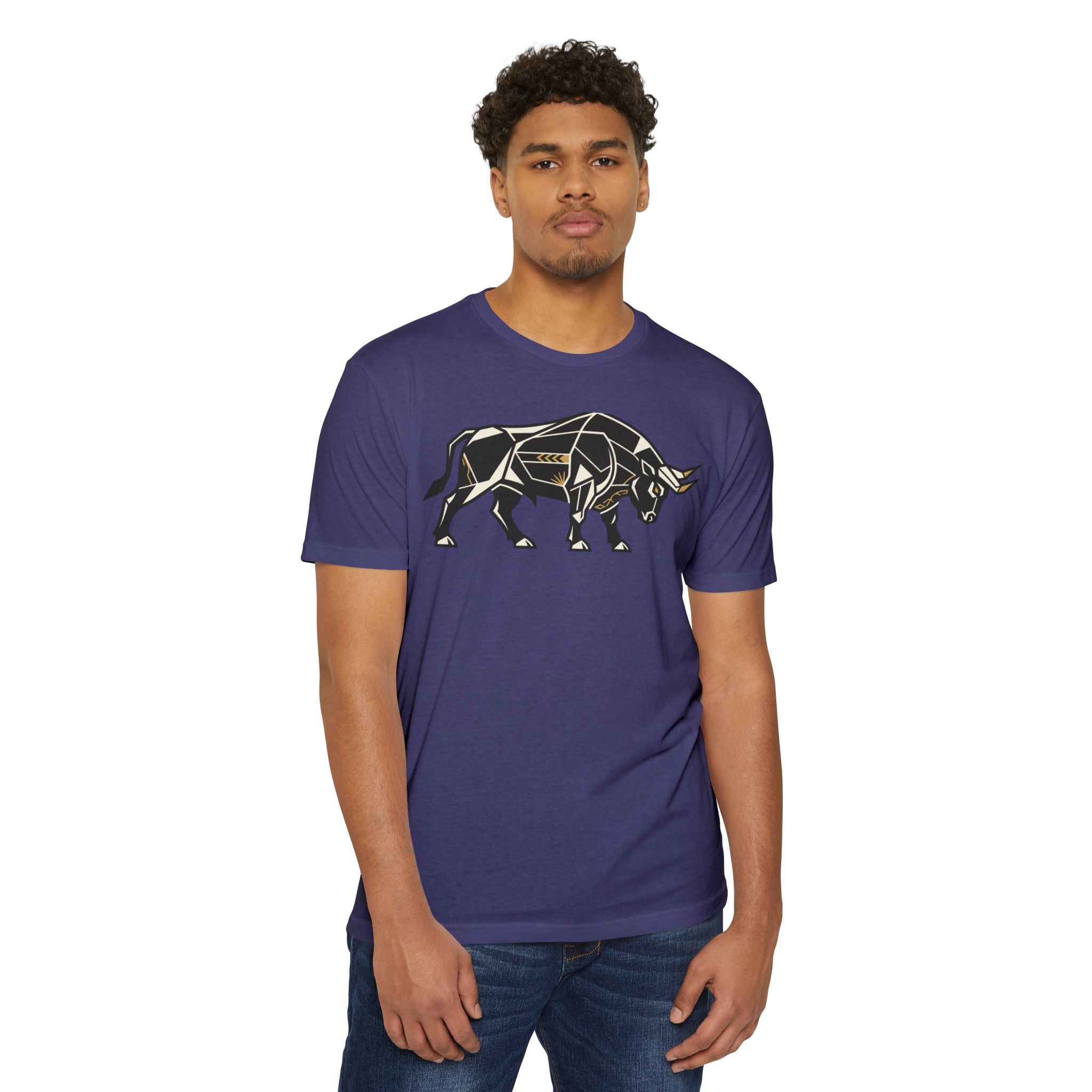 Purple crewneck T-shirt with geometric charging bull graphic on chest