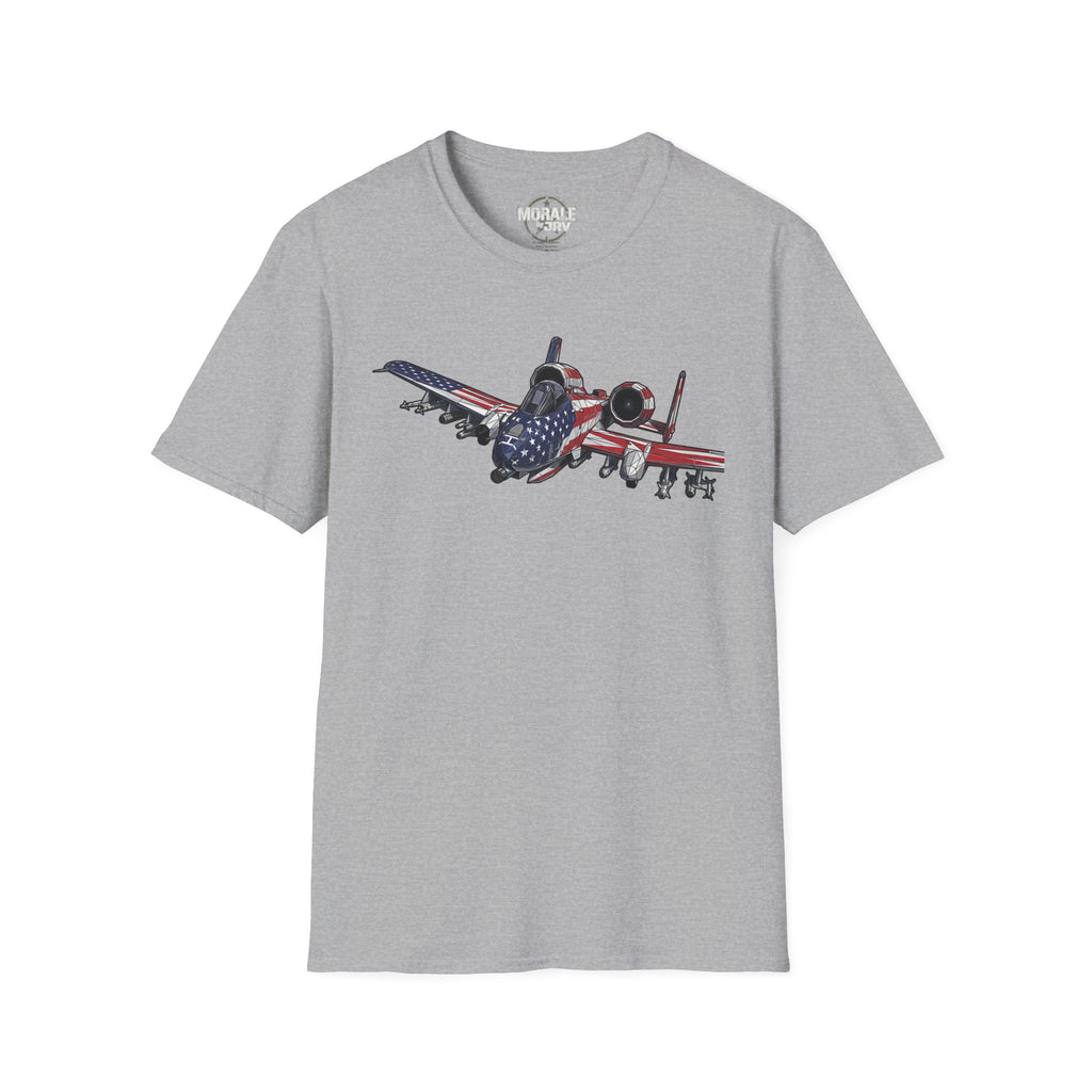 Sport grey A-10 Warthog T-shirt with American flag jet graphic